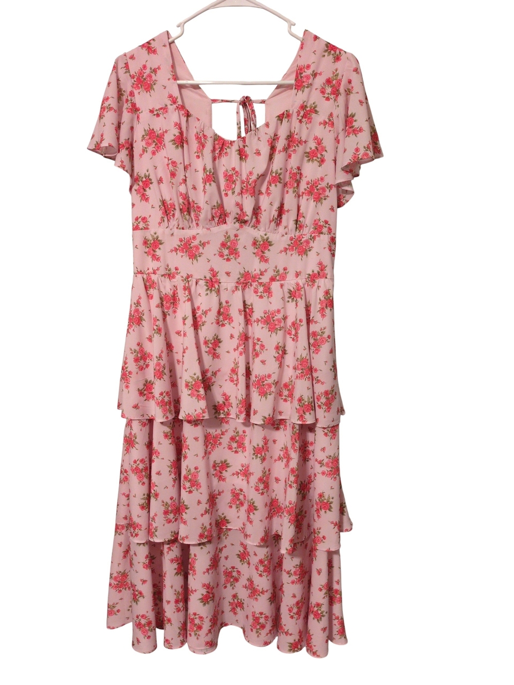 Pink Milkmaid Style Short Sleeve Floral Tiered Ruffle Midi Dress Size L